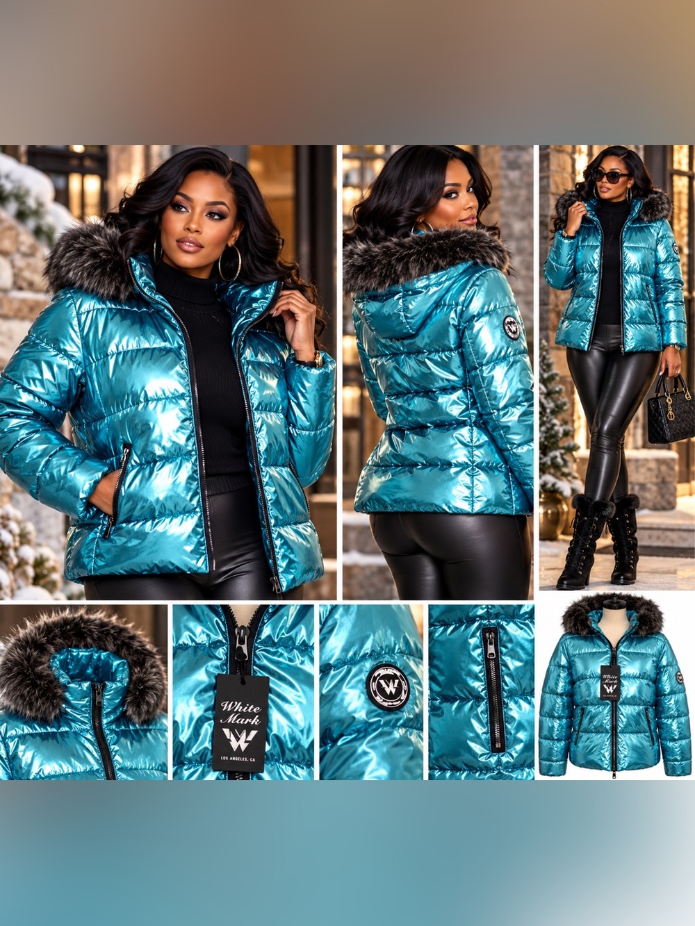 White Mark Metallic Blue Puffer Coat with Faux Fur Trim